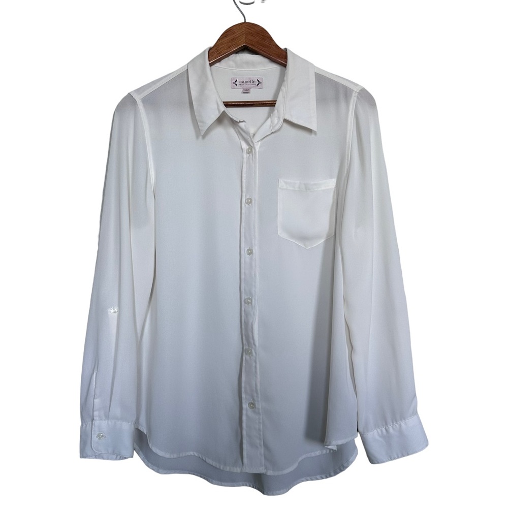 Nanette Lepore Women Sz L White Roll Tab Sleeve Classic Collar Semi Sheer